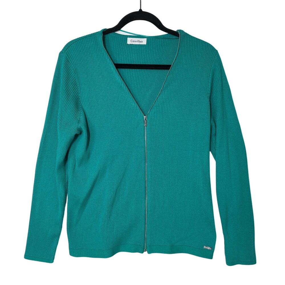 Calvin Klein Long Sleeve Ribbed Knit Full Zip Cardigan Sweater Teal Green 12-14*